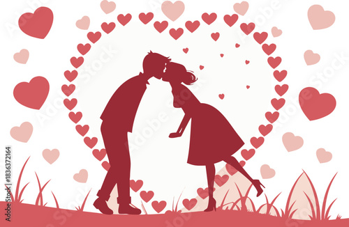 Romantic couple kissing surrounded by hearts in a vector illustration