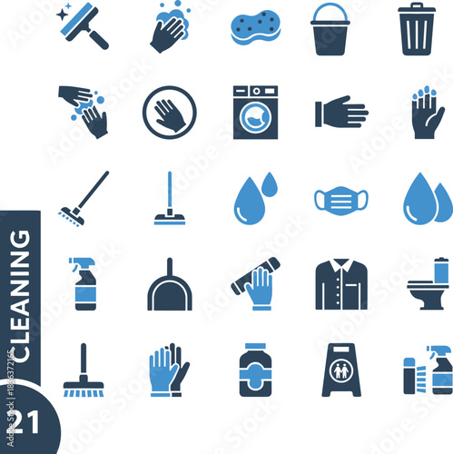 Cleaning, hygiene, sanitation, tools, equipment, icons, vector, flat, mop, gloves, spray, bucket, dustpan, toilet, mask, sponge, detergent, trash, washing, caution - flat vector illustration
