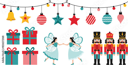 Christmas, holiday, festive, celebration, gifts, fairies, toy soldiers, ornaments, decorations, vector, flat, magic