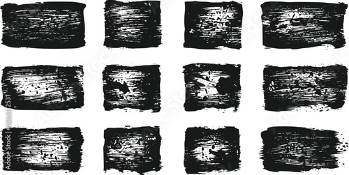 Twelve Black Grunge Square Brush Strokes Collection Abstract Paint Splatters Isolated on Transparent Background