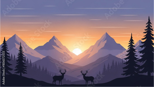 Two deer silhouetted against a majestic mountain sunset vista