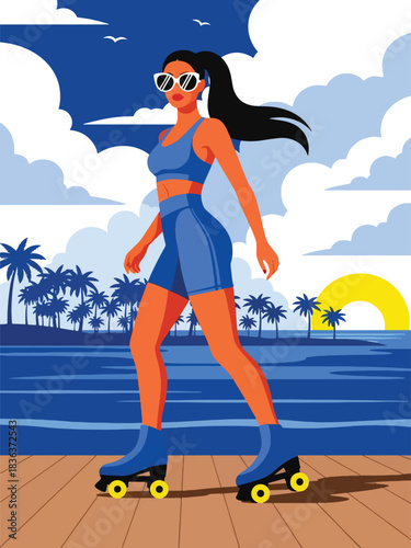 Flat vector portrait of a stylish woman roller-skating beside an ocean boardwalk under bright summer sunshine. Ideal for lifestyle, fitness, fashion, and youthful summer activity themes