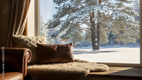 Cozy Window Seat with Pillows Overlooking Snow Covered Forest, Winter Background
