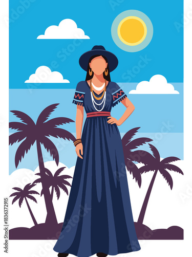 Flat summer portrait of a woman in a flowing boho maxi dress standing in a warm desert environment with sunshine. Ideal for fashion design, style branding, and travel lifestyle