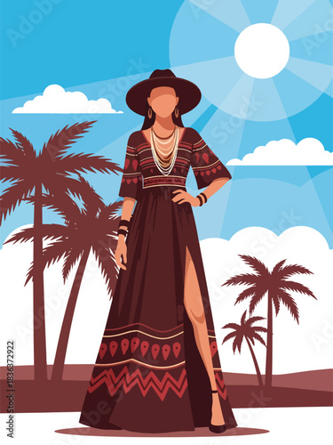 Flat summer portrait of a woman in a flowing boho maxi dress standing in a warm desert environment with sunshine. Ideal for fashion design, style branding, and travel lifestyle