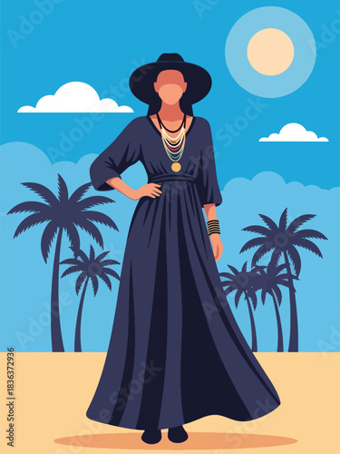 Flat summer portrait of a woman in a flowing boho maxi dress standing in a warm desert environment with sunshine. Ideal for fashion design, style branding, and travel lifestyle