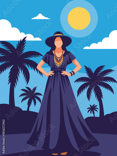 Flat summer portrait of a woman in a flowing boho maxi dress standing in a warm desert environment with sunshine. Ideal for fashion design, style branding, and travel lifestyle