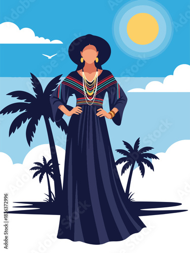Flat summer portrait of a woman in a flowing boho maxi dress standing in a warm desert environment with sunshine. Ideal for fashion design, style branding, and travel lifestyle