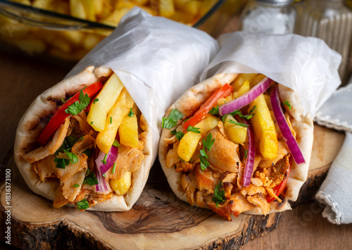 Photos Greek chicken gyros wrapped in pita breads