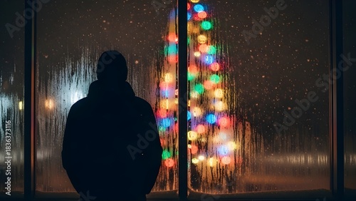 Lonely Silhouette Looking at Christmas Tree Through Wet Window