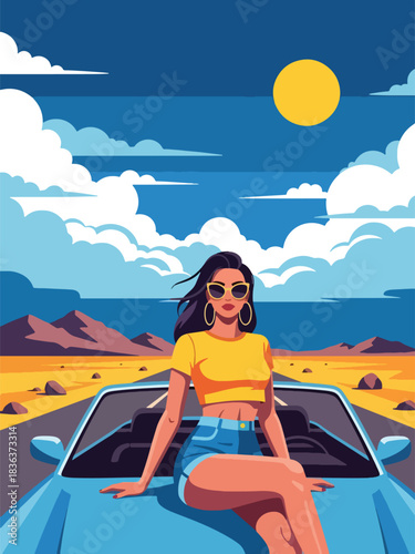 Flat vector portrait of a stylish woman sitting on a convertible car during a sunny summer road trip. Ideal for adventure, lifestyle branding, travel themes, and fashion content