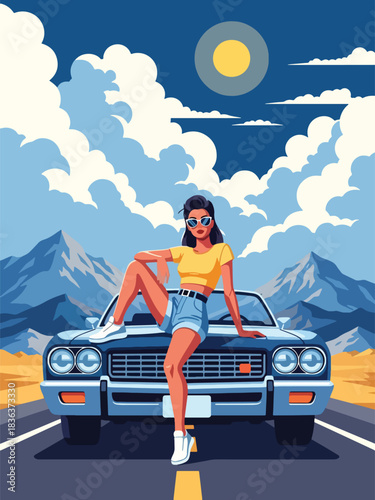 Flat vector portrait of a stylish woman sitting on a convertible car during a sunny summer road trip. Ideal for adventure, lifestyle branding, travel themes, and fashion content