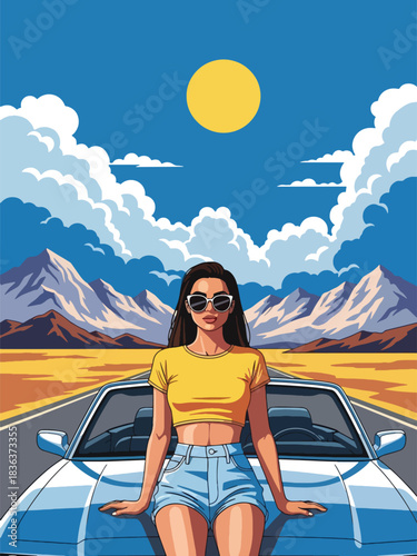 Flat vector portrait of a stylish woman sitting on a convertible car during a sunny summer road trip. Ideal for adventure, lifestyle branding, travel themes, and fashion content