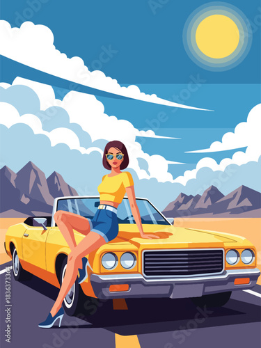 Flat vector portrait of a stylish woman sitting on a convertible car during a sunny summer road trip. Ideal for adventure, lifestyle branding, travel themes, and fashion content