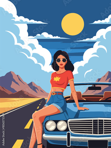Flat vector portrait of a stylish woman sitting on a convertible car during a sunny summer road trip. Ideal for adventure, lifestyle branding, travel themes, and fashion content