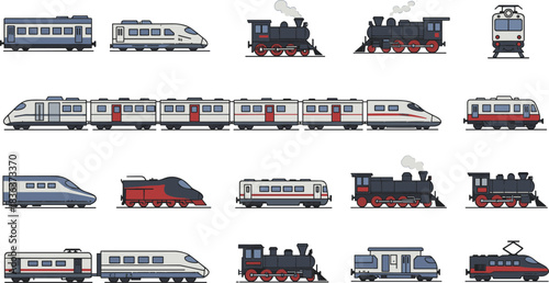 Train illustration set, side-view transport icons, steam, electric, high-speed rail, colorful vehicle graphics, railway clipart bundle