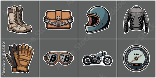 Classic motorbike culture icon set with vintage rider apparel and accessories including helmet leather jacket boots gloves goggles speedometer and tools for retro branding design and merch