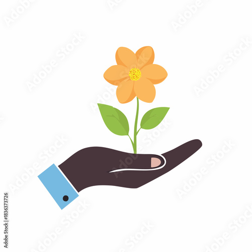 A dark-skinned hand gently holding a single blooming orange flower, symbolizing growth, nature, and giving