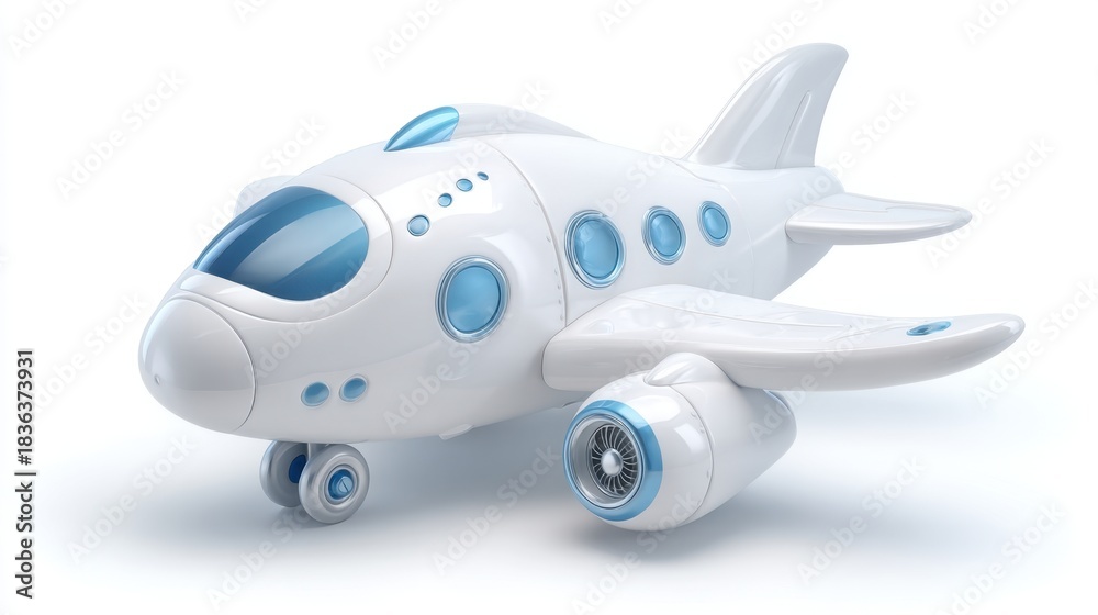 Naklejka premium A colorful toy airplane showcases a sleek design with vibrant blue accents. Its rounded shapes and playful features encourage children's imaginative play and creativity.