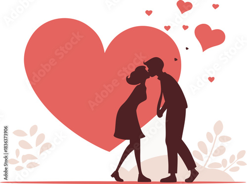 A romantic couple's silhouette kissing against a large red heart