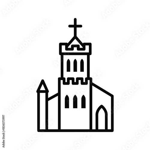 Church Building with Cross and Steeple Line Art Icon