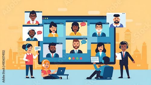 Virtual meeting illustration online conference with diverse group