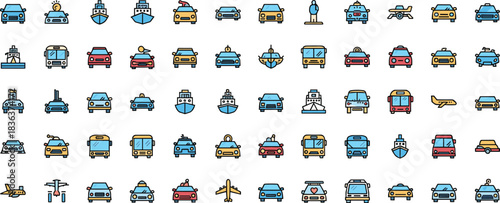Transportation icon grid set, colorful cartoon vehicles, land air sea travel modes, emergency and passenger transport clipart bundle