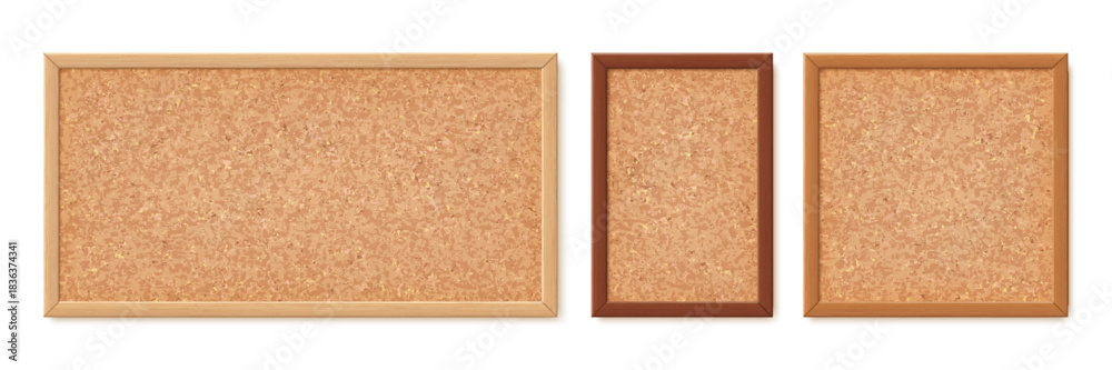 Fototapeta premium Office cork boards, bulletin, pin and notice corkboards in brown wood frames. Empty wooden bulletin corkboards with realistic cork pattern textures. Pinboards and noticeboards set for memo notes