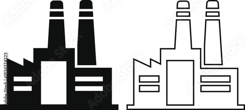 Two factory icons one solid black and one outlined isolated on transparent background