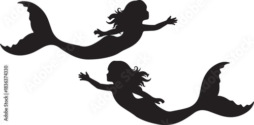 Kids as Mermaids Playing Underwater in Black and White Silhouette Style