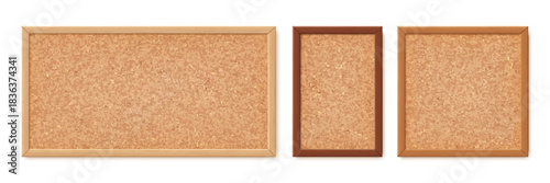 Office cork boards, bulletin, pin and notice corkboards in brown wood frames. Empty wooden bulletin corkboards with realistic cork pattern textures. Pinboards and noticeboards set for memo notes