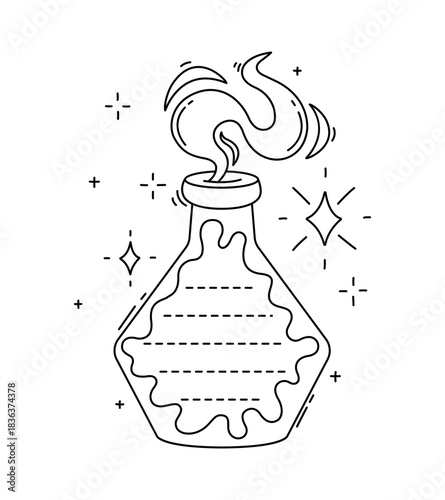 Magic potion glass bottle kids memo note frame. Kids schedule vector frame, scrapbook checklist. Child planner To Do list sticker or memo note with magic elixir vial, sorcery spell sparkle and smoke