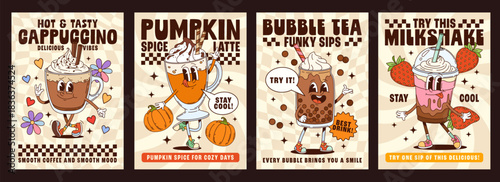 Cartoon groovy coffee and milkshake drinks characters with funny faces, vector posters. Groovy dessert drink characters of cappuccino and pumpkin latte with bubble tea and milkshake on groovy posters
