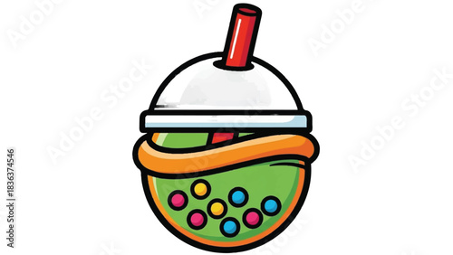 Green bubble tea with tapioca pearls and straw.