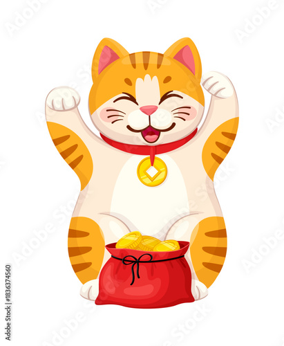 Maneki neko Japanese lucky cat with golden coins purse for luck and fortune, cartoon vector. Maneki neko cat animal toy character with Chinese red bag of gold coins or money for happy luck symbol