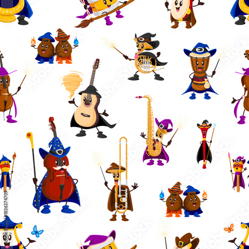 Halloween mages and wizard musical instruments seamless pattern. Vector background of cartoon Halloween holiday magician characters, funny wizard saxophone, drum, guitar and violin seamless pattern