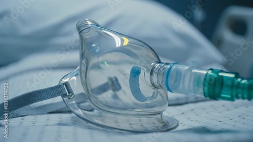 Medical oxygen mask for respiratory support in a hospital.