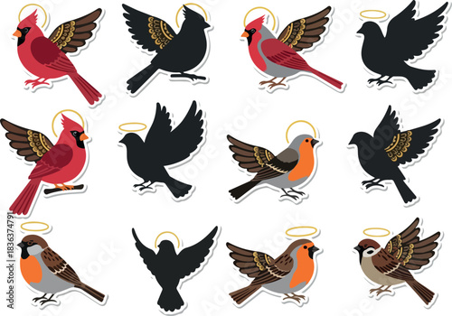 Collection of Angelic Birds with Halos and Wings Illustration