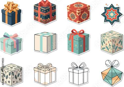 Collection of unique wrapped gift boxes and presents with creative designs, for celebrations