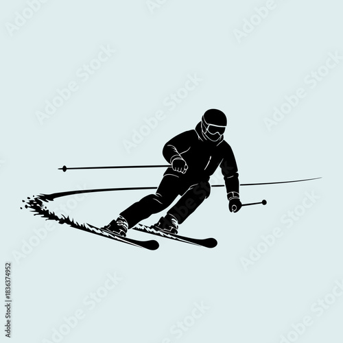 Silhouette of a skier carving a turn down a snow-covered slope, surrounded by snow spray