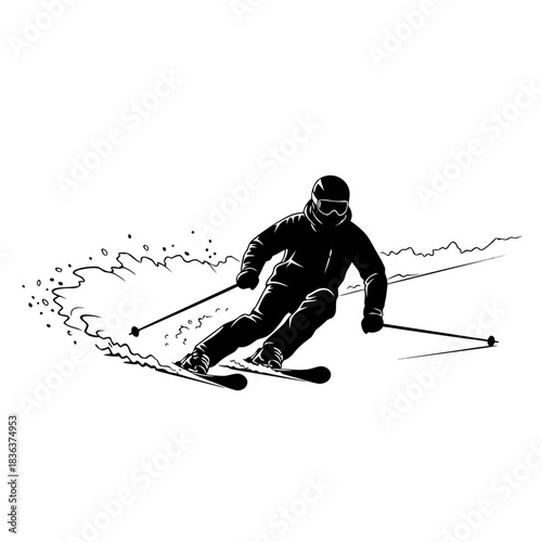 Skiing illustration of a person snowboarding down a slope with snow spray