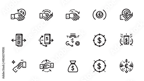 Minimalist Finance and Money Transfer Icon Set – Line Style Banking, Payment, and Currency Vector Pack