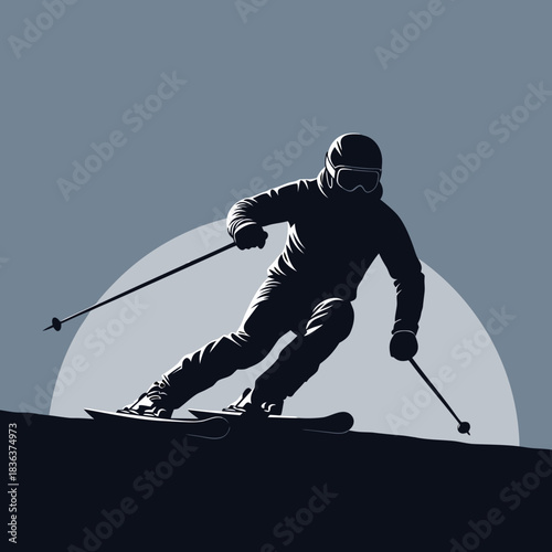 Silhouette of a skier gracefully descending a snowy slope against a serene backdrop