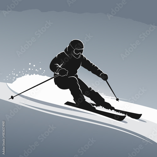 Silhouette of a skier gracefully descending a snowy slope in a dynamic motion