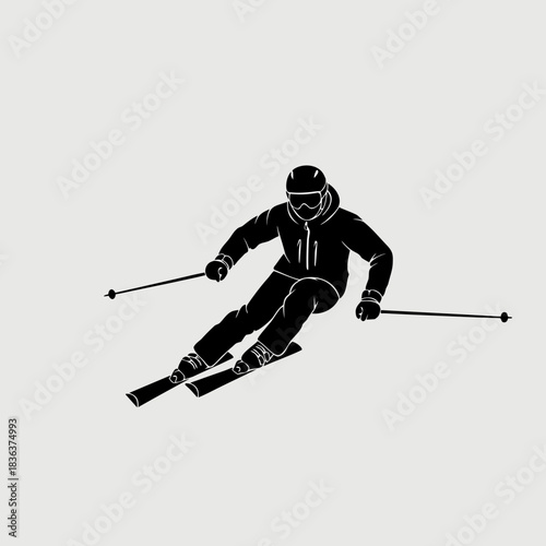 Active Skier Carving Down a Snow-Covered Slope with Ski Poles in Hand