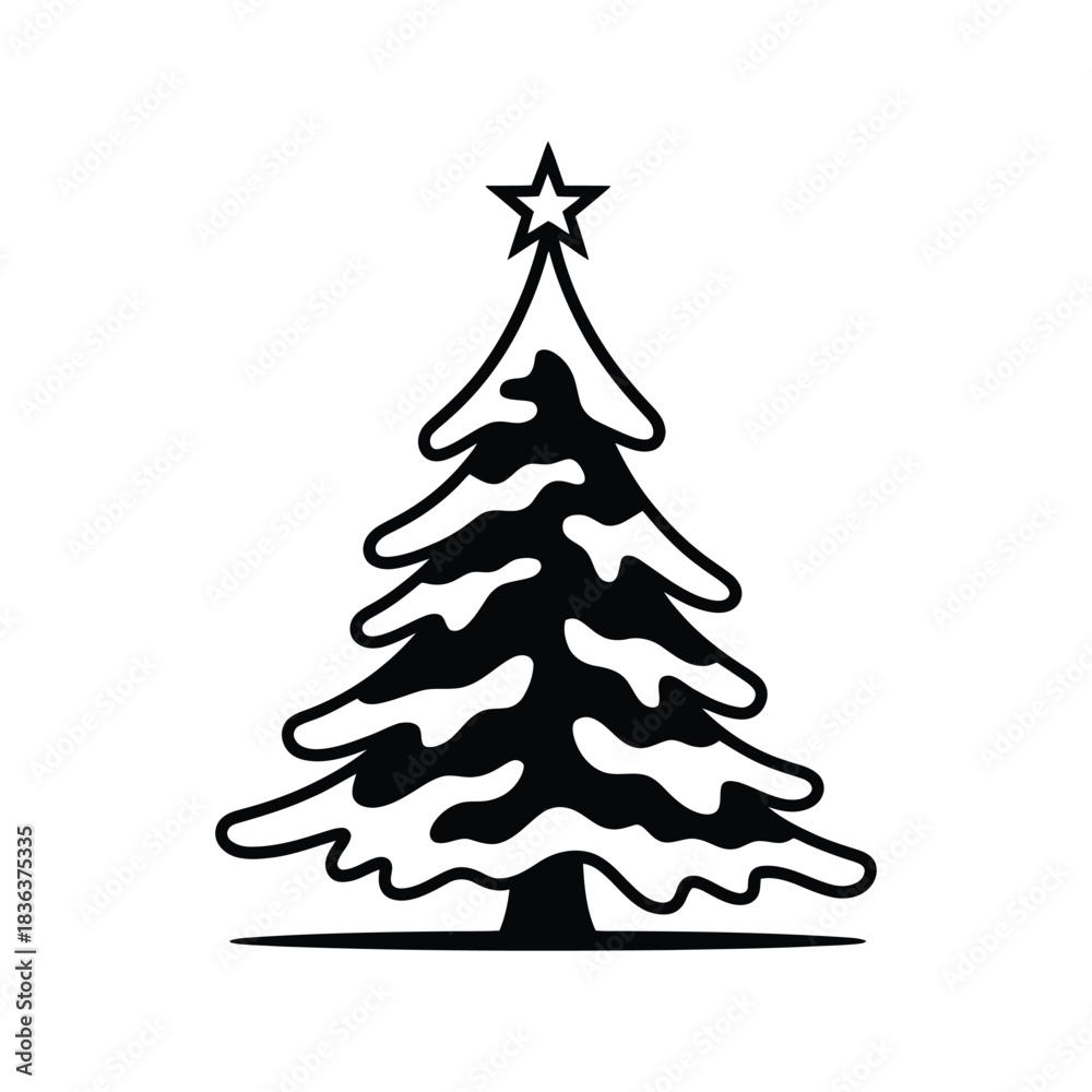 Fototapeta premium Stylized Christmas Tree Line Art Vector Illustration with Star and Snow