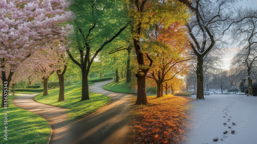 Fototapeta premium Four seasons park pathway displaying spring summer autumn winter transitions