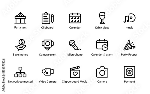 Event coordination and festivity icons. planning tools, guest experience, venue logistics, and celebration milestones modern symbol set.