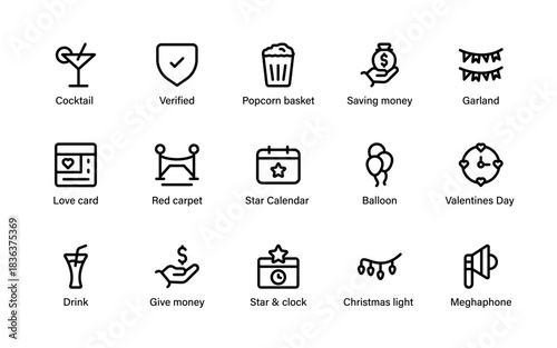 Festival and social gathering icons. concert, wedding, conference, and party planning essential line symbols.