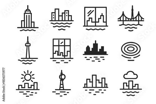 City Reflection Icons. City reflections. Line outline icon set of city reflections: skyscraper, river, window